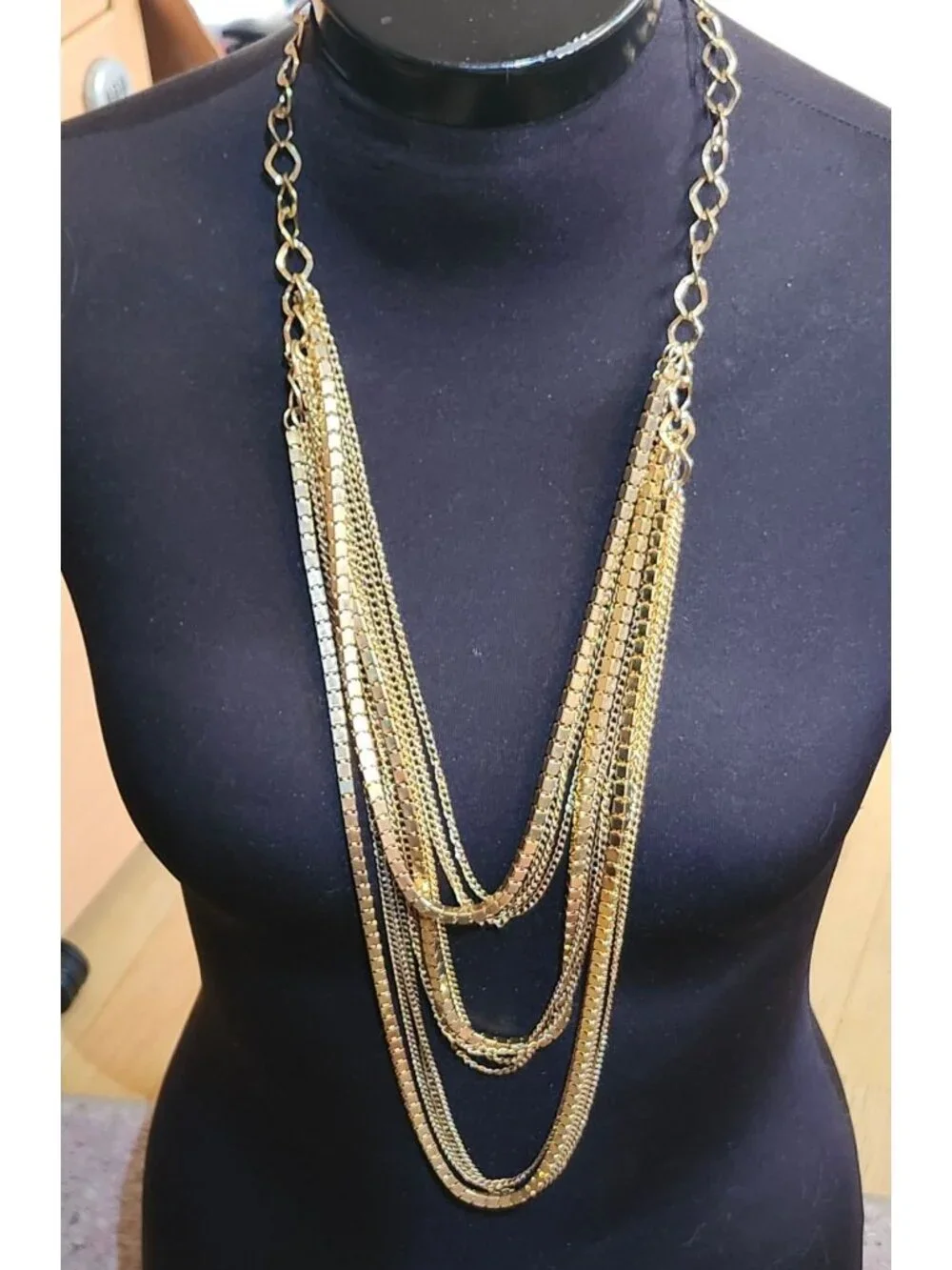 Vintage 1980s Multi Strand Gold Tone Necklace Block & Link Chains Disco Flapper